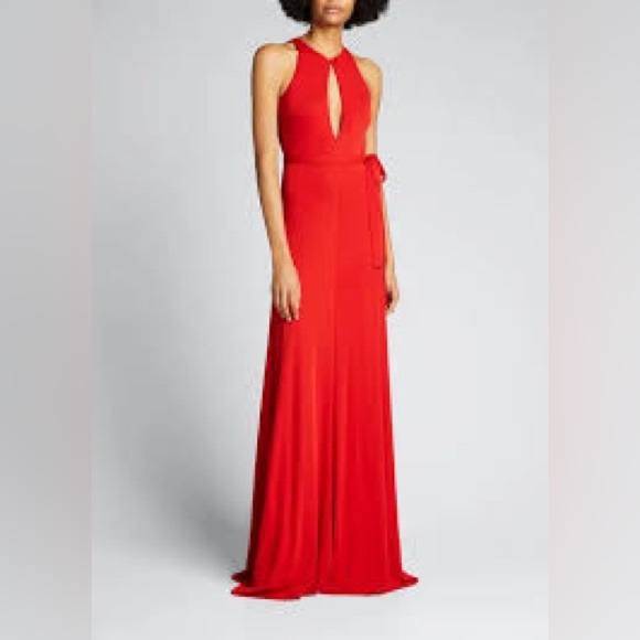 HALSTON RED SLEEVELESS OPEN-BACK MATTE JERSEY GOWN SIZE 16 - Picture 9 of 10